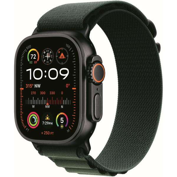 APPLE Watch Ultra2 v2 Cellular 49mm Black Titanium Case with Dark Green Alpine Loop - Medium mx4r3se/a