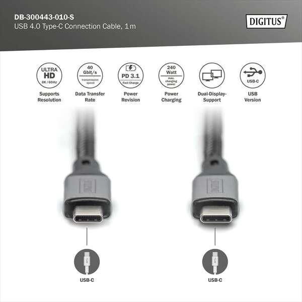 DIGITUS Kabl USB-C na USB-C 4.0 1m crni