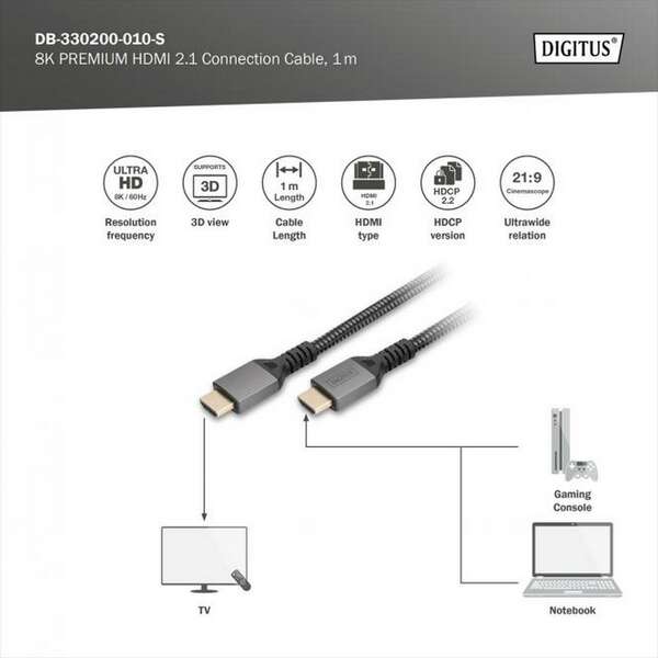 DIGITUS Kabl premijum HDMI na HDMI 2.1 8K 1m crni