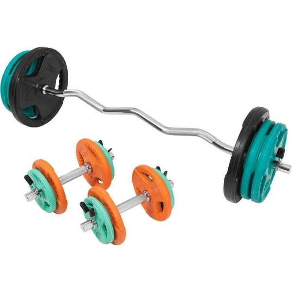 GORILLA SPORTS Kriva EZ sipka sa sigurnosnim oprugama + Gumirani diskovi + 2 Bucice (ukupno 70 kg)