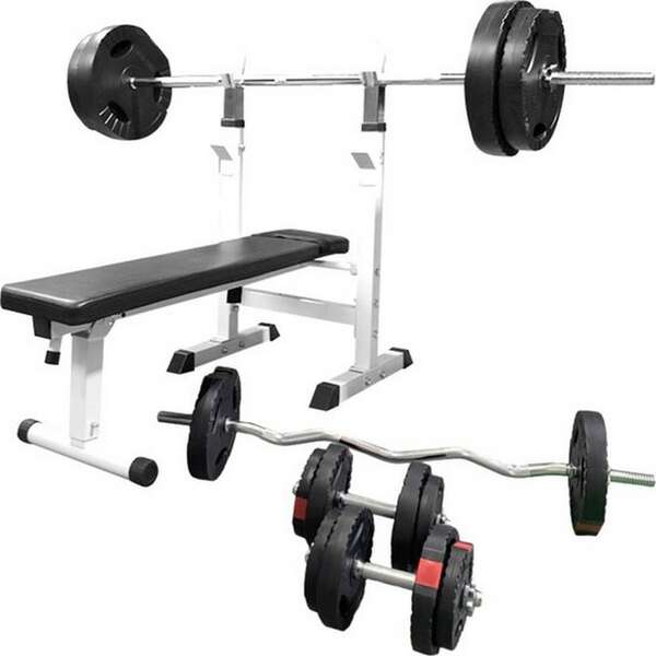 GORILLA SPORTS Podesiva benc klupa sa stalkom i setom tegova 100 kg bela
