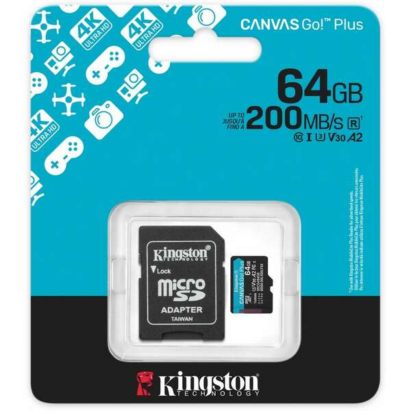 KINGSTON SDCG4, CanvasGo!Plus MicroSD 64GB + adapter, UHS-I, Class 10