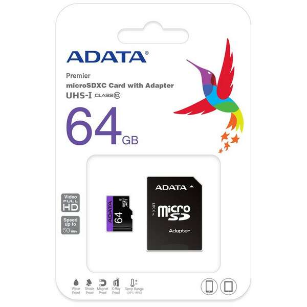 ADATA MICRO SD 64GB + SD ADAPTER (AUSDX64GUICL10-RA1)