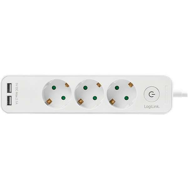 LOGILINK produzni kabl 3 mesta, 2 USB, prekidac, 1.5m, beli