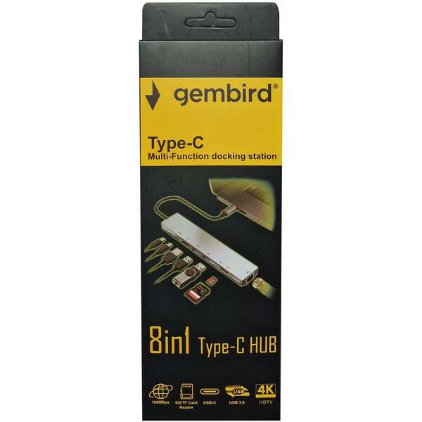 GEMBIRD A-CM-COMBO8-05 USB HUB Type-C 8-in-1 multi-port adapter USB-C+USB-A+HDMI+PD+card+RJ45