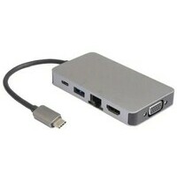 E-GREEN Adapter USB 3.1 tip C (M) - HDMI+VGA + 2 x USB3.0 + RJ45 + tip C (F) sivi